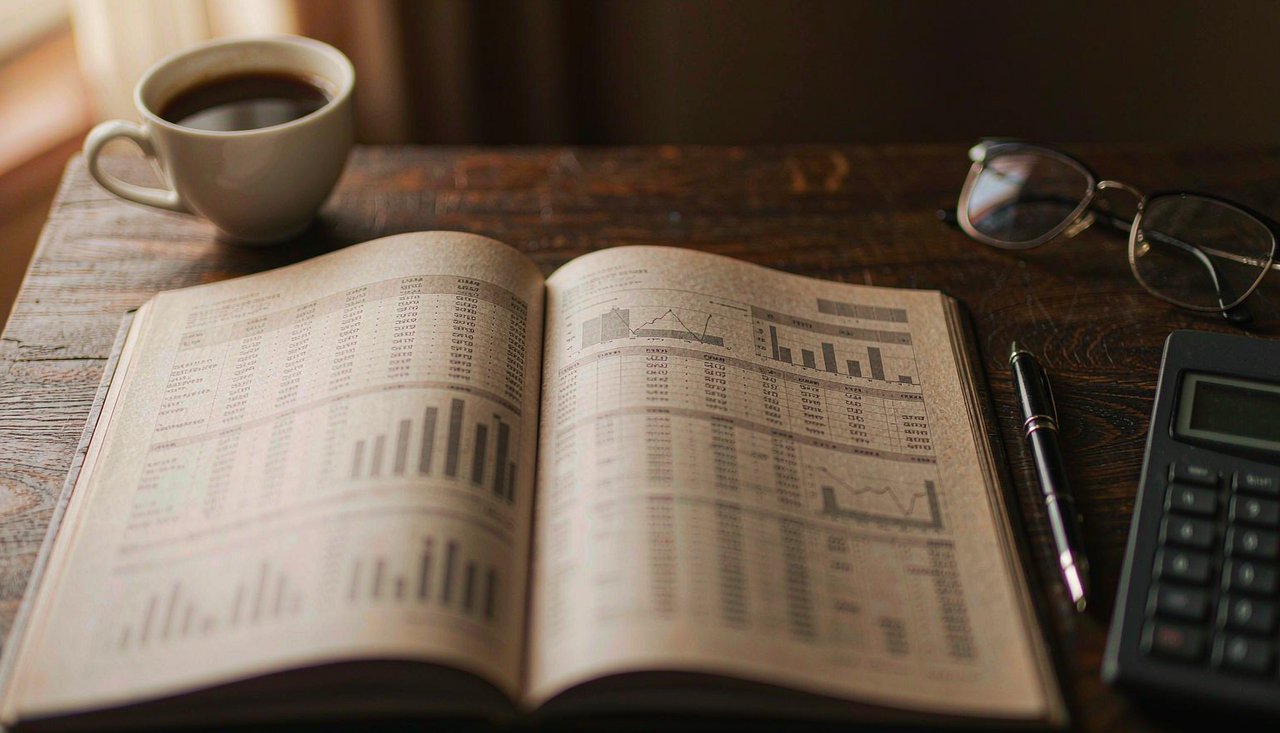 An open annual report with printed financial tables on a desk beside a calculator and a cup of coffee in warm afternoon light