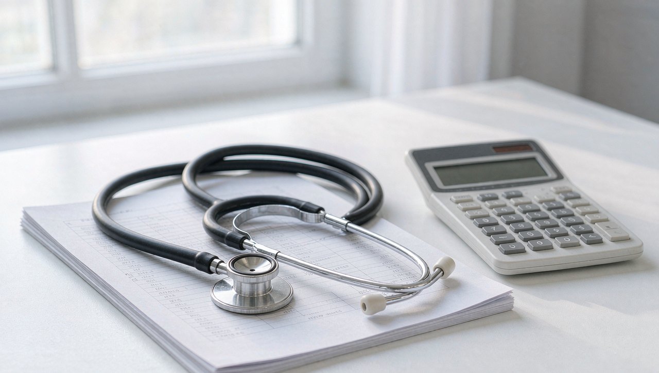 A stethoscope resting on a financial document next to a calculator on a clean desk, bright natural light, realistic photo style
