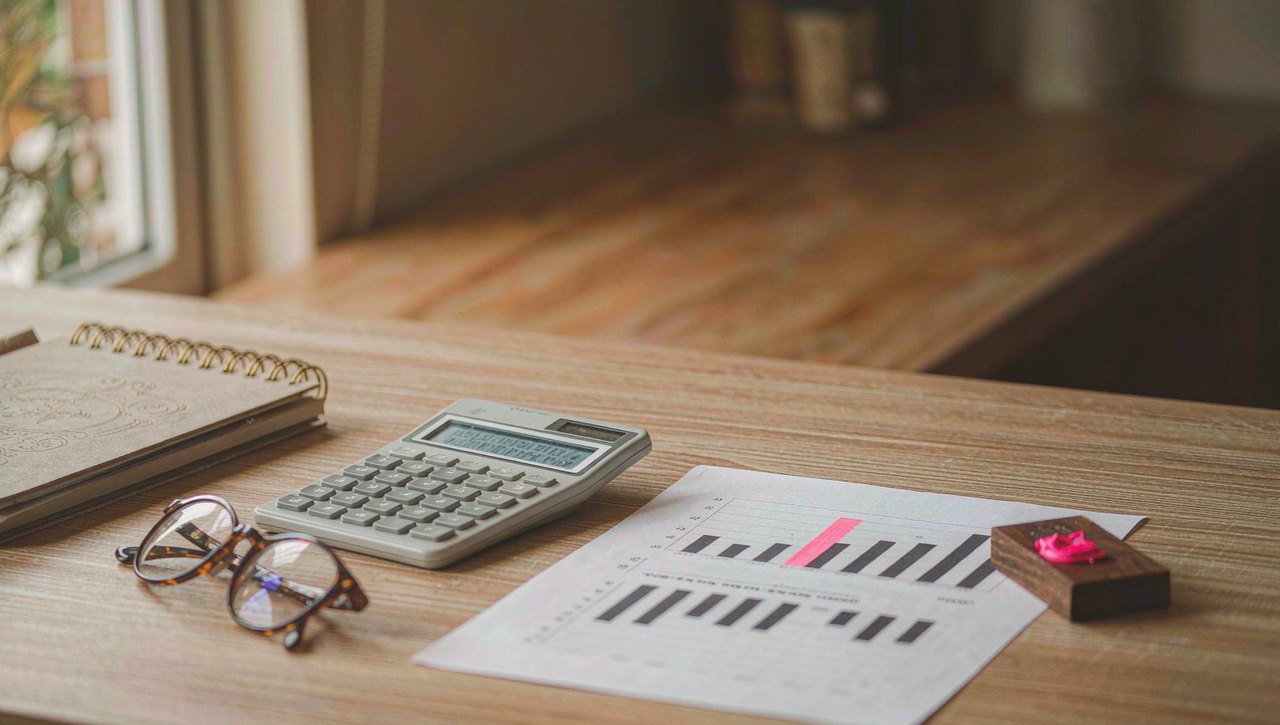 A printed financial report with highlighted growth figures beside a calculator and reading glasses on a wooden desk