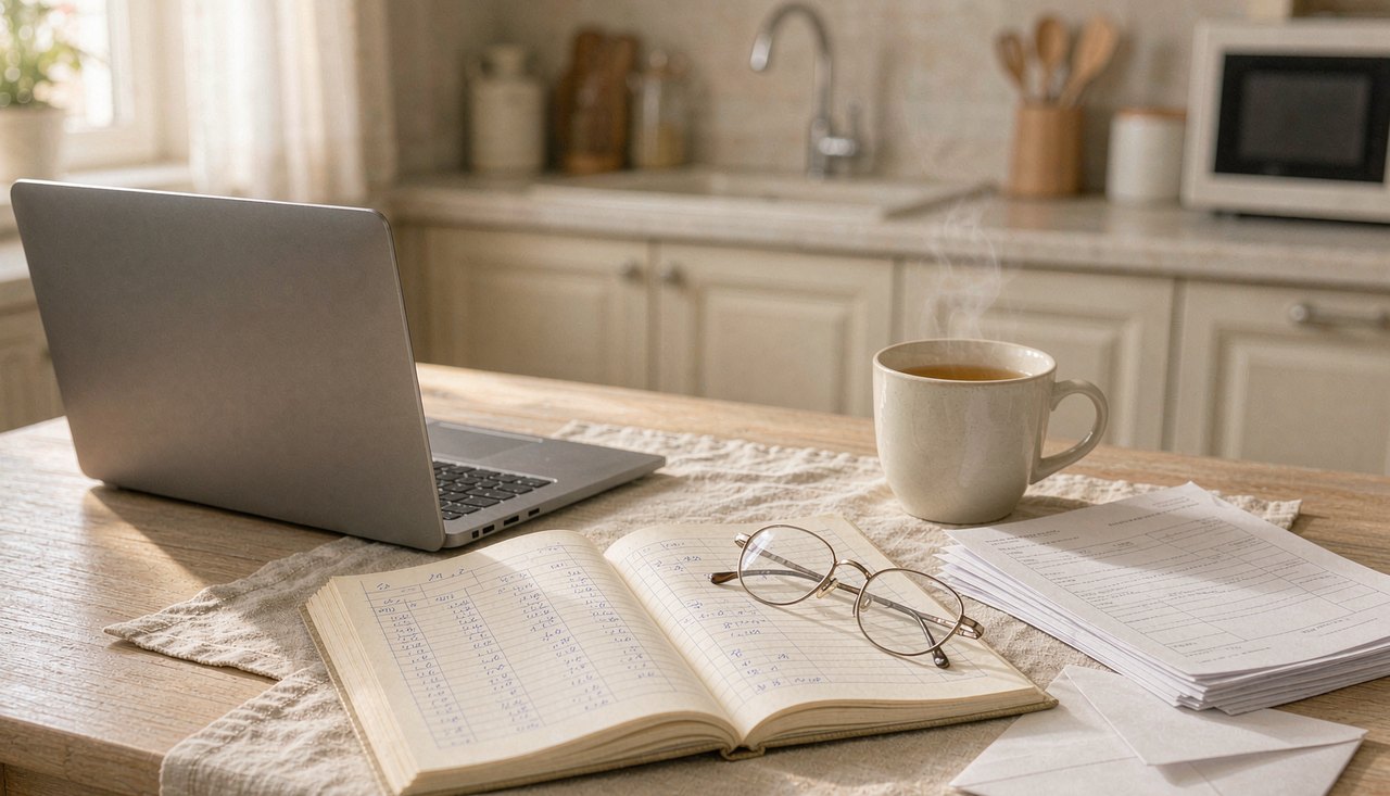 A hand writing columns of figures in a notebook beside a laptop and a stack of tax forms on a kitchen table