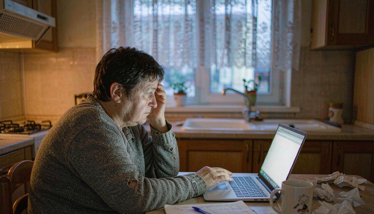 A person sitting alone at a kitchen table reviewing a laptop screen and handwritten notes in soft morning light