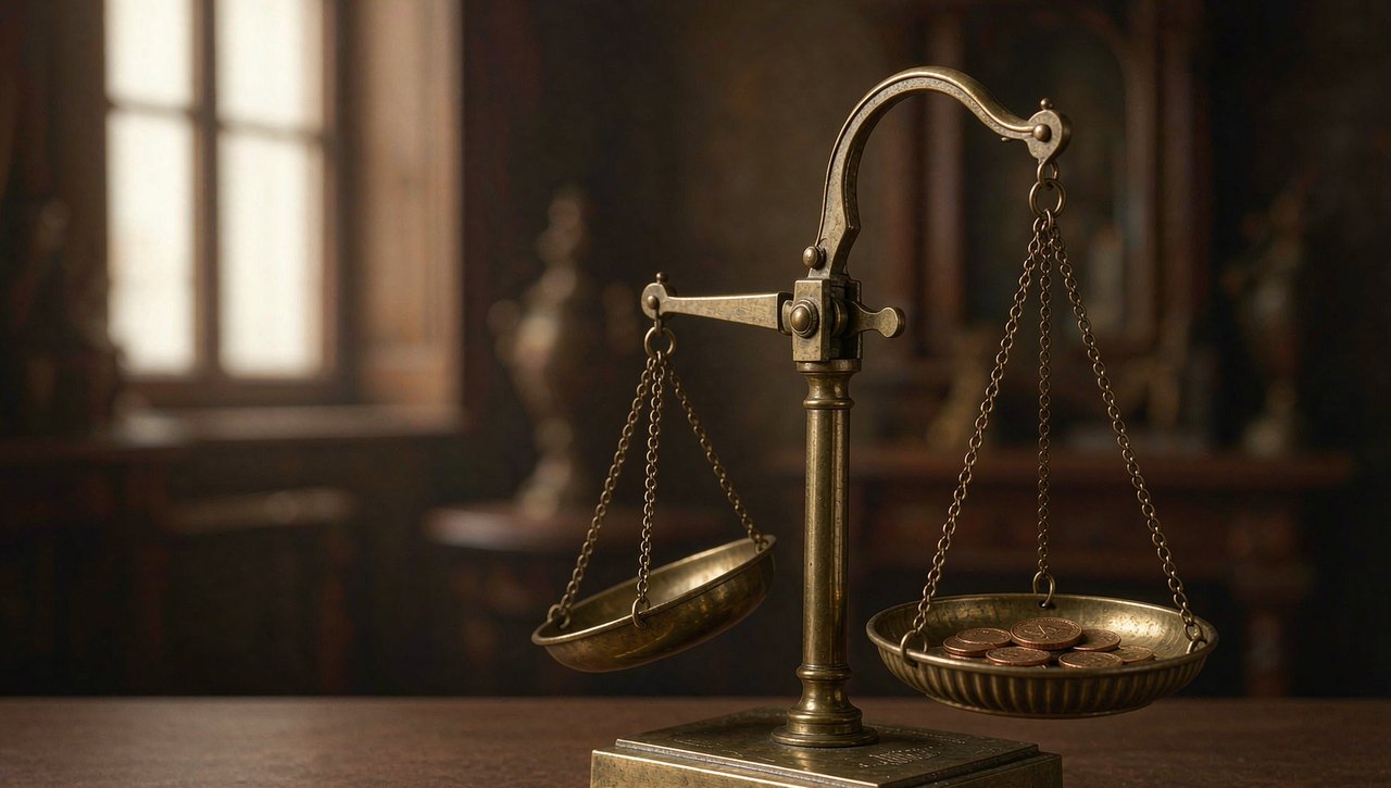 An antique brass balance scale holding a few coins on one pan, lit softly by window light on a dark wooden desk