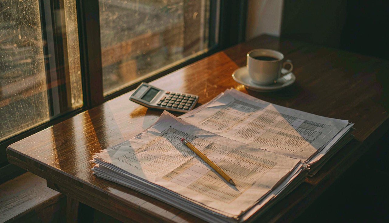 An analyst comparing printed financial tables with a pencil and a hand calculator on a cluttered wooden desk